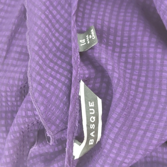 Basque Blouse Size 14 Purple Sheer Ruffle Short Sleeve Button-up Check Elastic - Picture 11 of 13